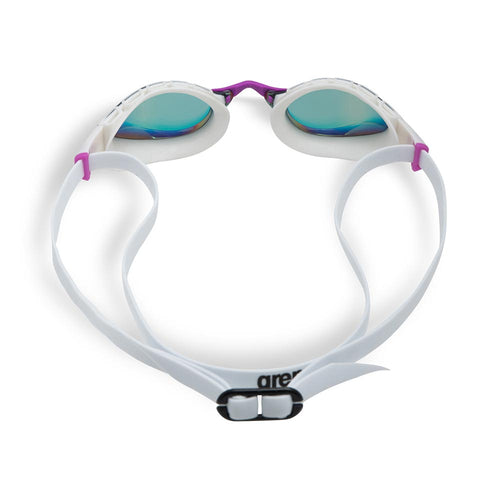 Arena Air Sonic Mirror swim goggles: white strap, purple accents, mirrored lenses