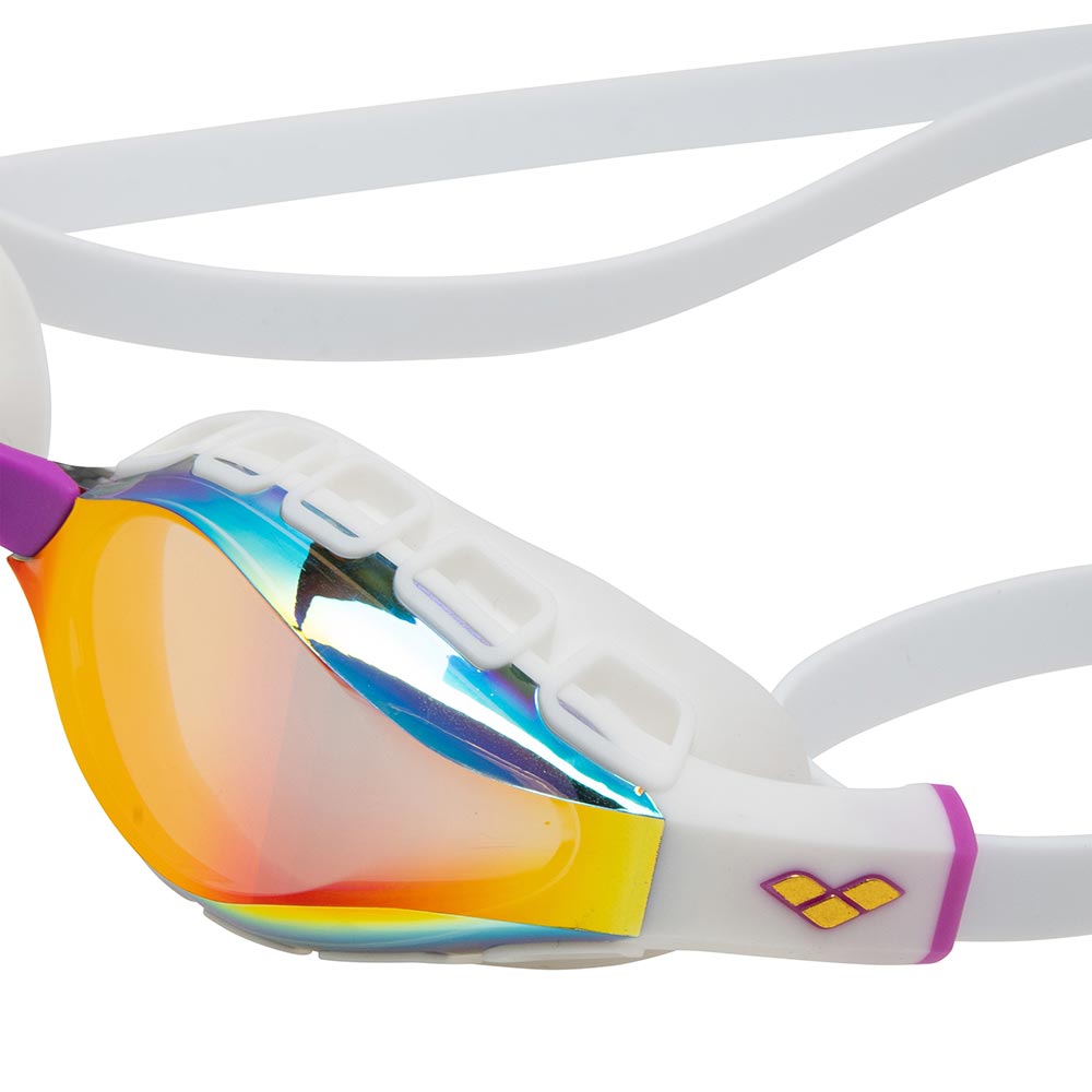 Arena Air Sonic Mirror swim goggles: white frame, iridescent mirrored lens, purple accents