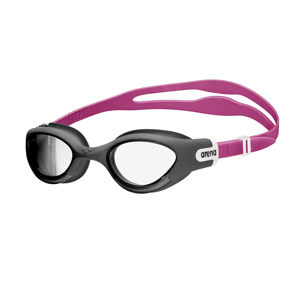 Arena The One Plus women's swim goggles in black with a magenta strap.