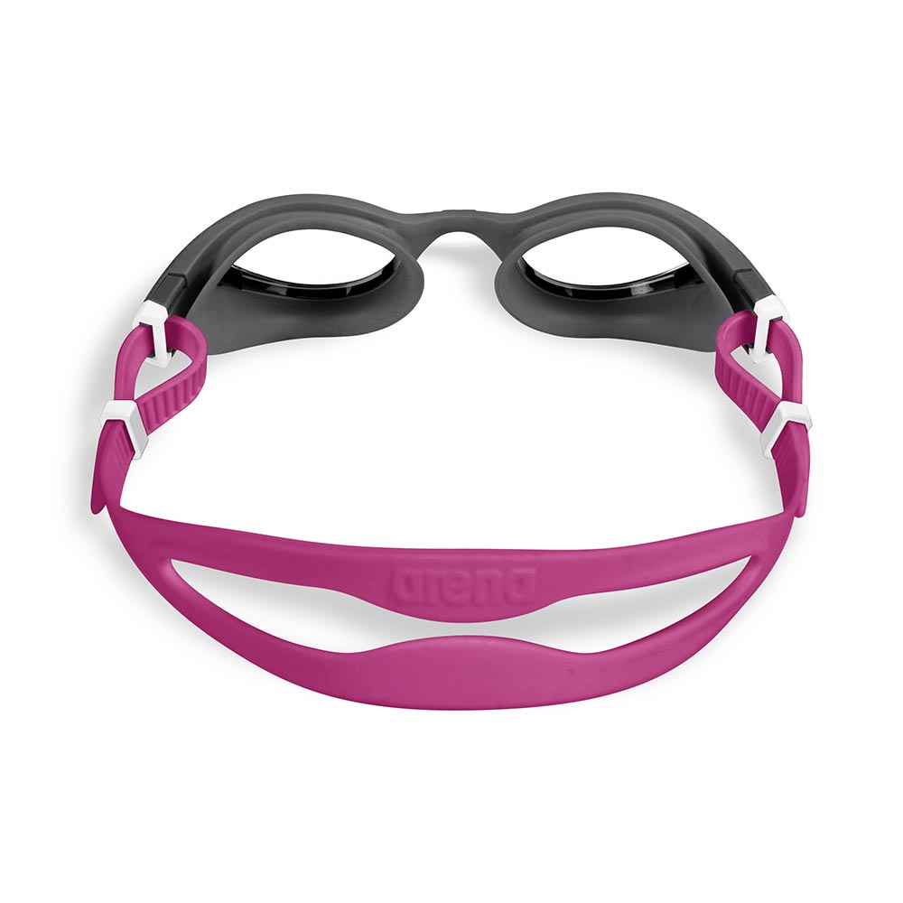 Arena The One Plus women's swim goggles in dark grey with a magenta strap.