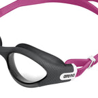 Close-up of Arena The One Plus women's swim goggles with pink strap and black frame.