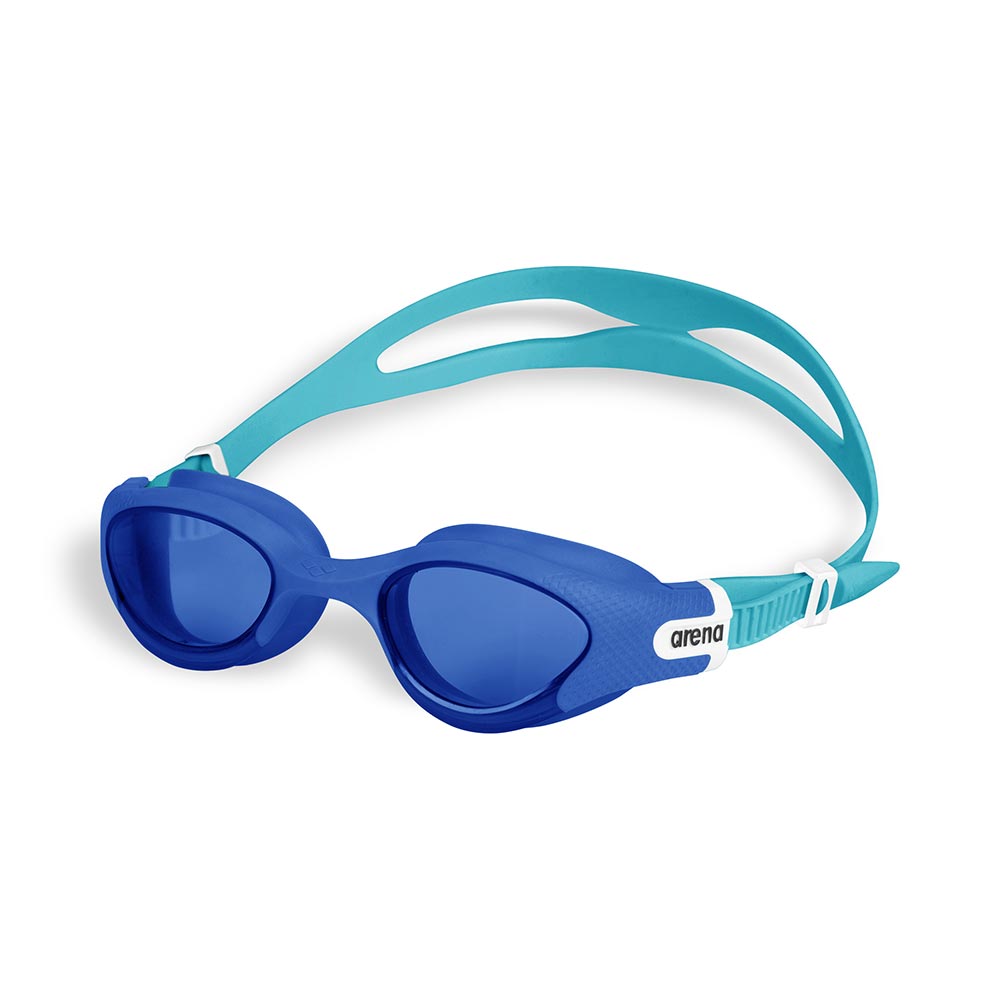 Blue and turquoise Arena The One Plus Junior swim goggles with adjustable strap.