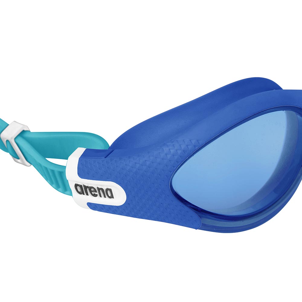 Blue Arena The One Plus Junior swim goggles with a turquoise strap and white buckle.