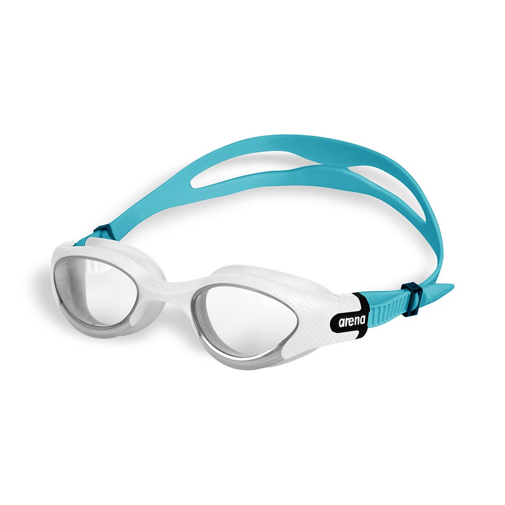 Arena The One Plus Junior swim goggles with white frame and blue strap.