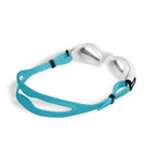Turquoise and white Arena The One Plus Junior swim goggles, featuring a comfortable silicone strap and adjustable fit.