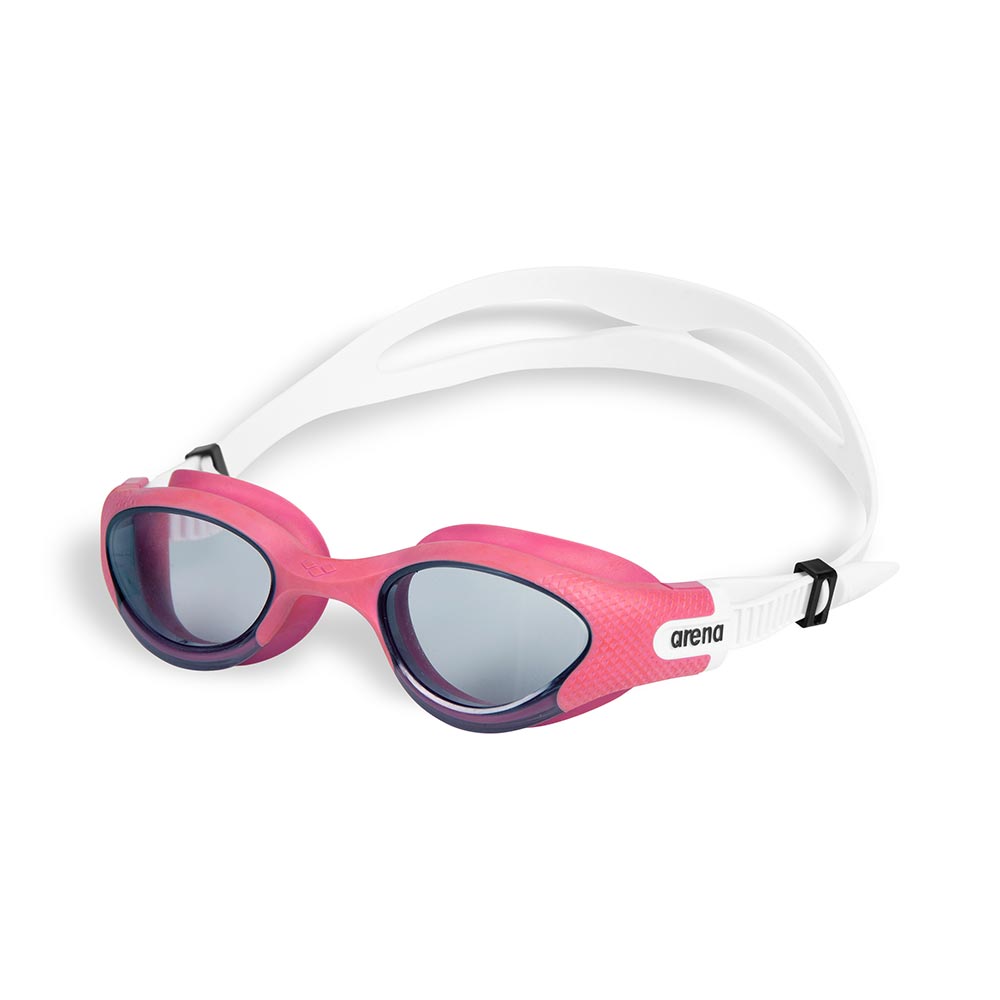 Pink Arena The One Plus Junior swimming goggles with mirrored lenses and a white strap.