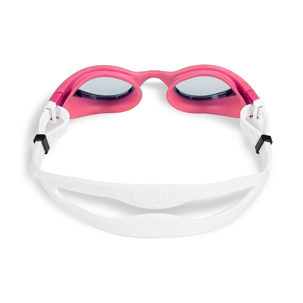 Pink Arena The One Plus Junior swim goggles with white strap and adjustable buckle.