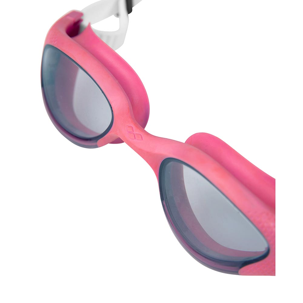 Pink Arena The One Plus Junior swim goggles with blue tinted lenses and white strap.