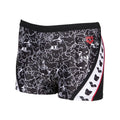 Front view of black arena swim shorts with kitten patterns.