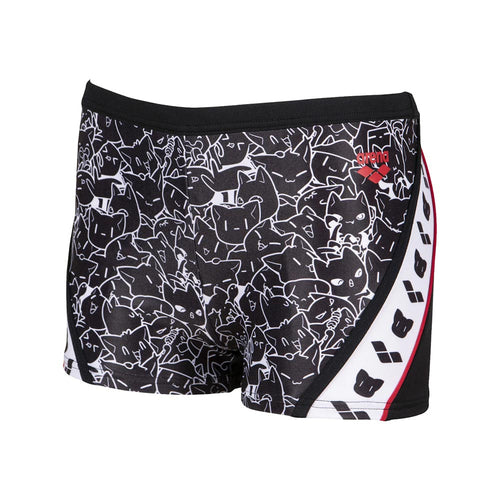 Front view of black arena swim shorts with kitten patterns.