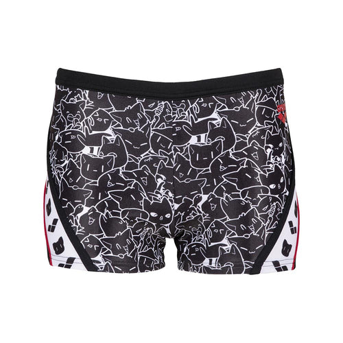 Back view of black arena swim shorts with kitten pattern.