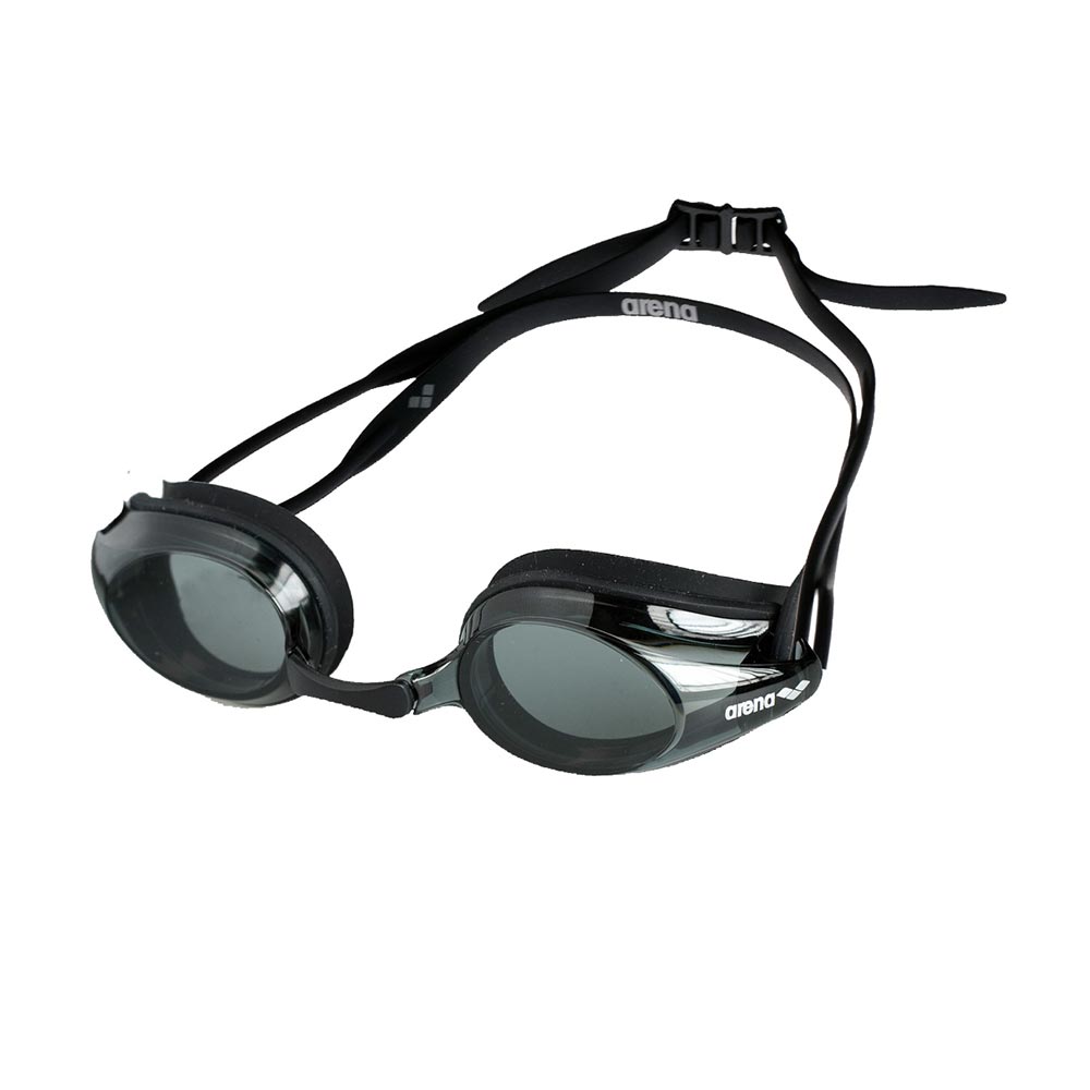 Arena Tracks swim goggles: Black, adjustable swimming goggles with tinted lenses and a comfortable silicone seal.