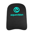 Aquavision swimming kickboard in black with turquoise logo and text