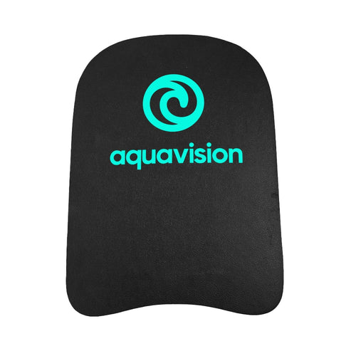Aquavision swimming kickboard in black with turquoise logo and text