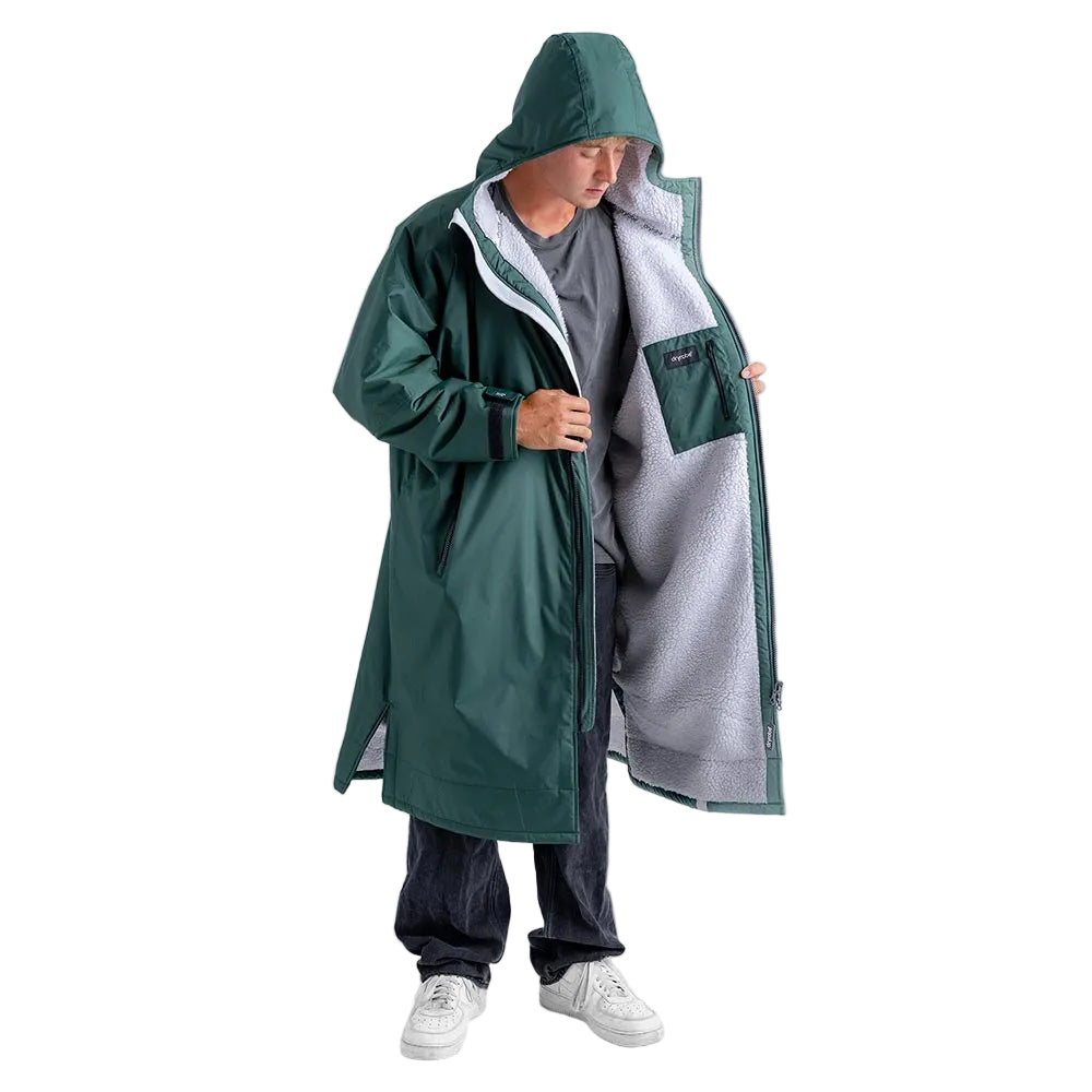 Dark green Dryrobe Advance adult change robe with grey fleece lining, shown open