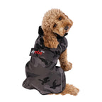 Dryrobe Dog Raincoat in black camo, featuring a cosy black lining and reflective trim.