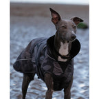 Dryrobe Dog Raincoat: Black camo waterproof coat with black fleece lining for warmth and comfort
