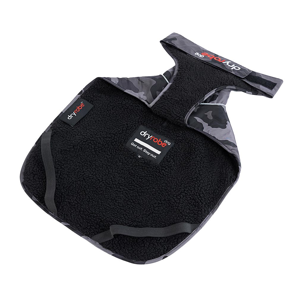 Dryrobe Dog Raincoat in black camo, featuring a cosy black fleece lining