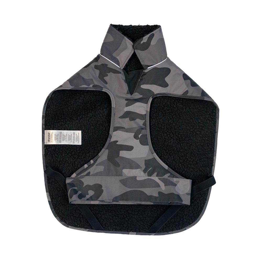 Dryrobe Dog Raincoat in black camo with cosy black fleece lining
