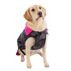 Dryrobe Dog Raincoat: Black camo dog coat with pink fleece lining and reflective trim