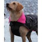 Dryrobe Dog Raincoat in black camo with a bright pink fluffy lining, designed for warmth and protection.
