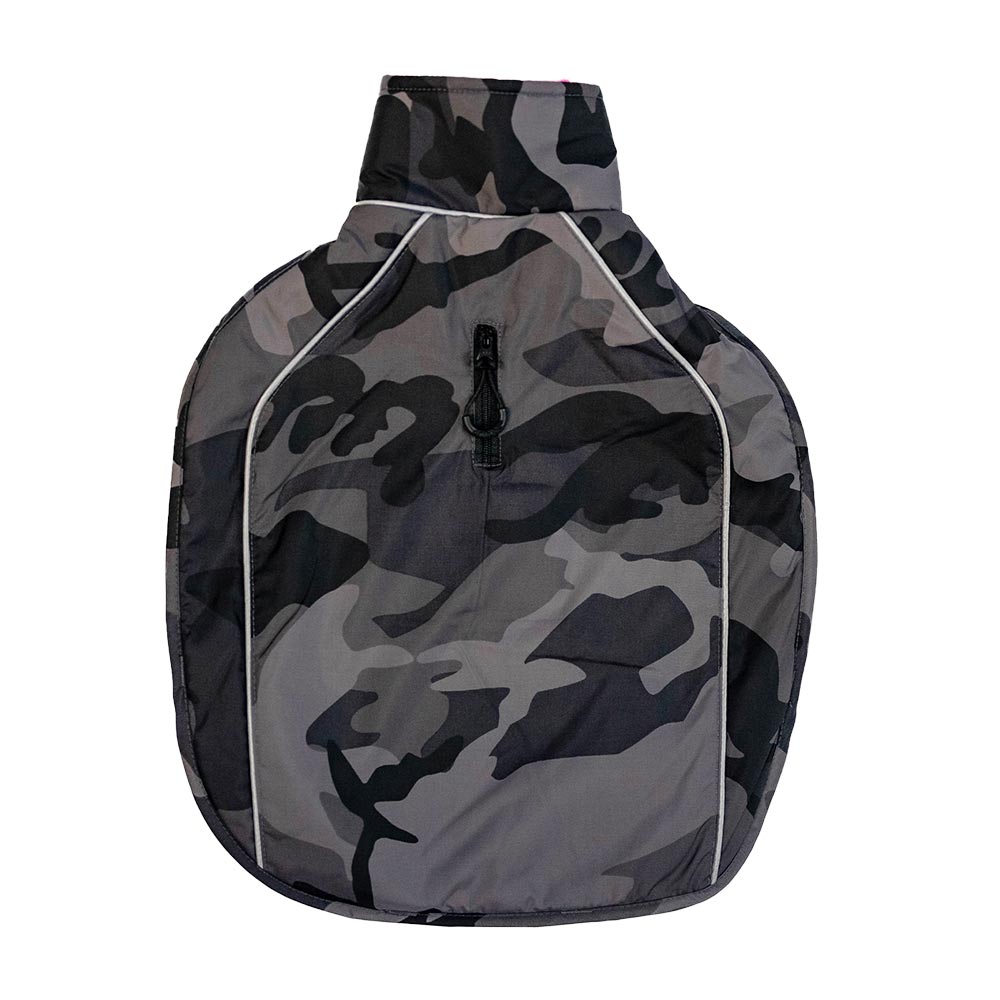 Dryrobe Dog Raincoat in black camo, featuring a zip closure and reflective trim