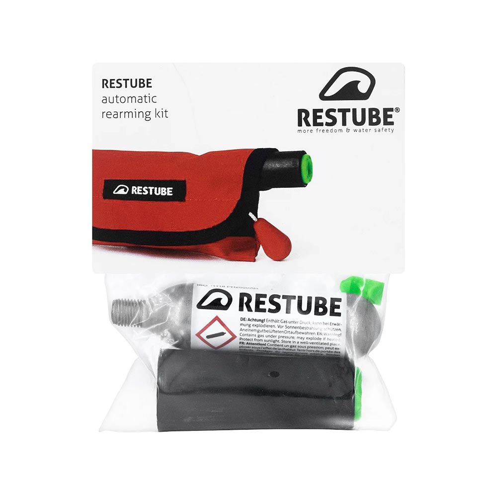 Rearming kit for the Restube Automatic, showing the packaging contents including a CO2 cartridge and automatic trigger.