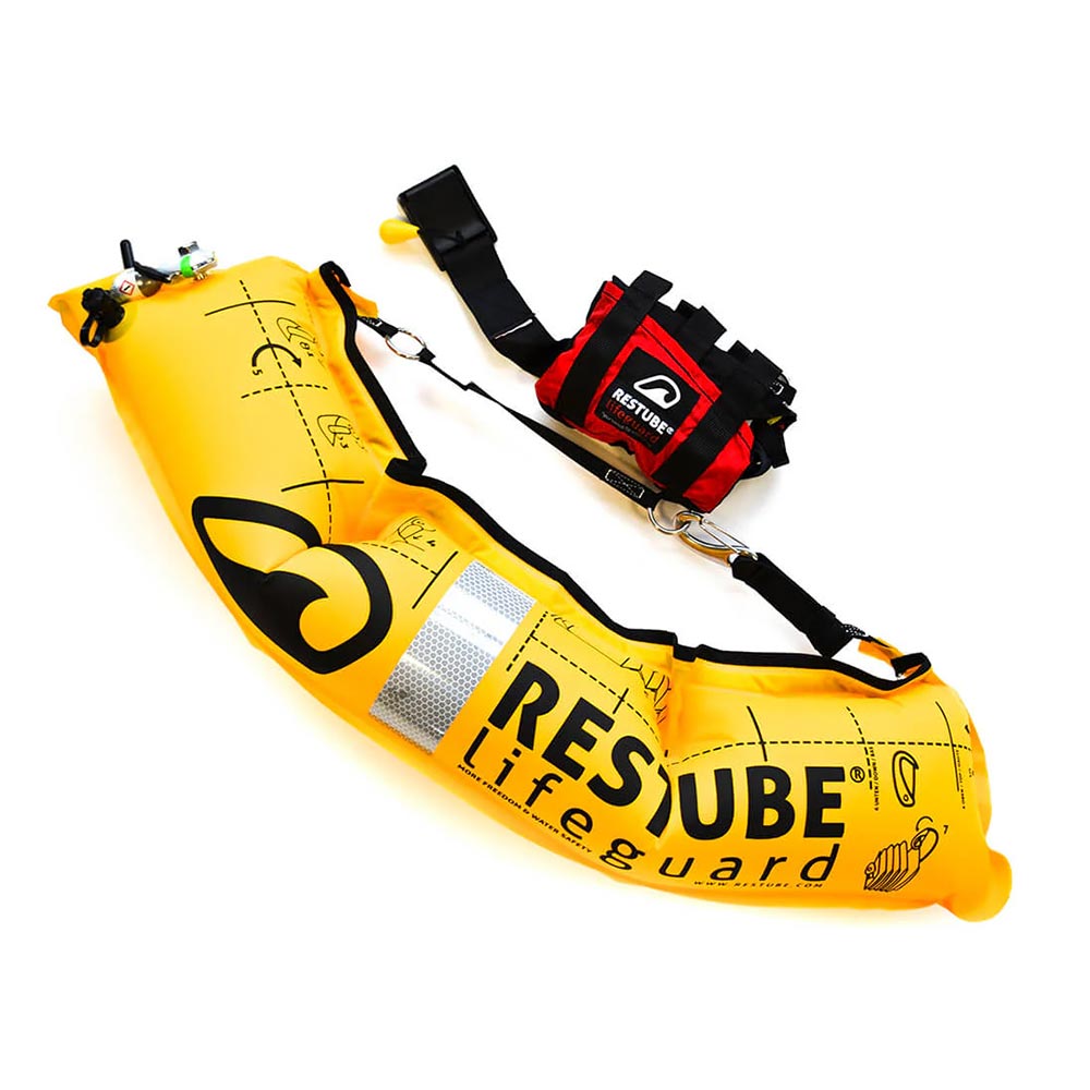 An inflated rescue buoy. Part of the Restube Lifeguard Water Rescue PFD Belt.