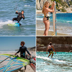 A collage of people enjoying water sports while wearing the Restube Extreme PFD Belt for water safety.