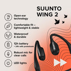 Suunto Wing 2 black bone conduction headphones with open-ear technology, 12h battery, and LED lights