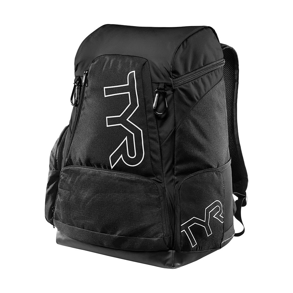 TYR Alliance 45L black swim backpack with mesh pocket and white logo
