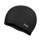 TYR Wrinkle-Free Silicone Swim Cap: Black, durable silicone swim cap for competitive swimmers