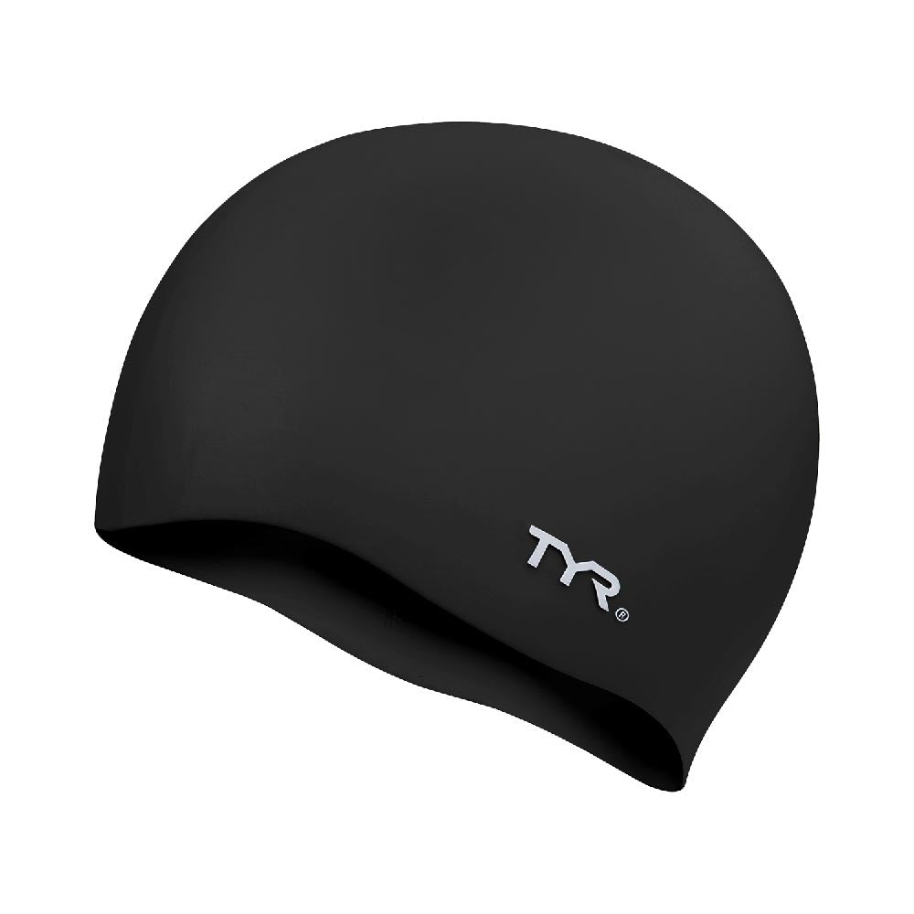 TYR Wrinkle-Free Silicone Swim Cap: Black, durable silicone swim cap for competitive swimmers