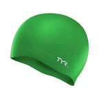 TYR Wrinkle-Free Silicone Swim Cap in bright green with white logo
