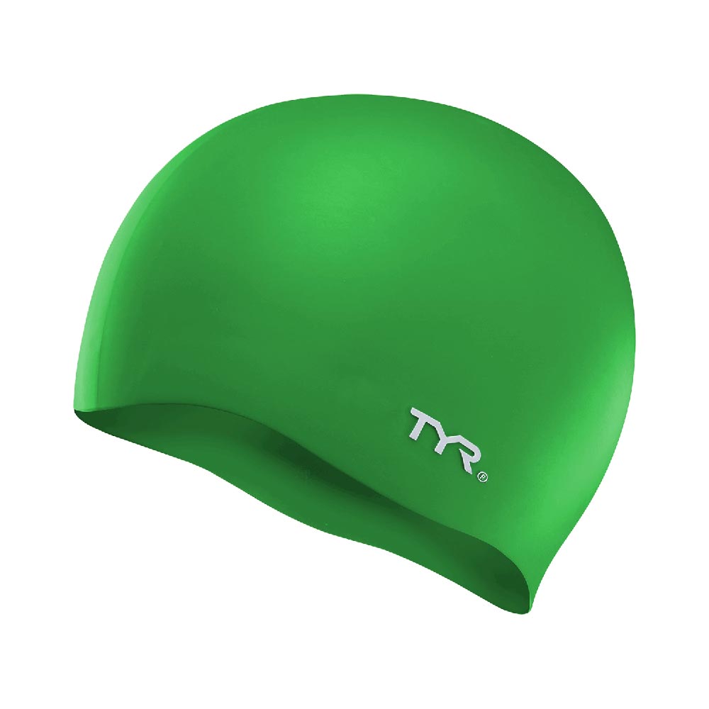 TYR Wrinkle-Free Silicone Swim Cap in bright green with white logo