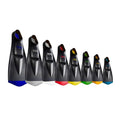 TYR Flexfins 2.0 swimming fins in various sizes and colours: blue, white, red, yellow, green, orange, and teal.