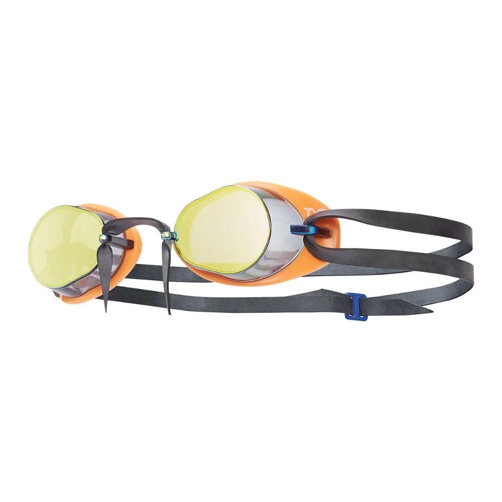 TYR Socket Rocket 2.0 mirrored swim goggles with orange frame and yellow lenses
