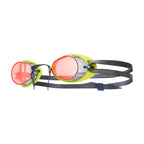 TYR Socket Rocket 2.0 mirrored swim goggles in red, yellow, and black with adjustable straps
