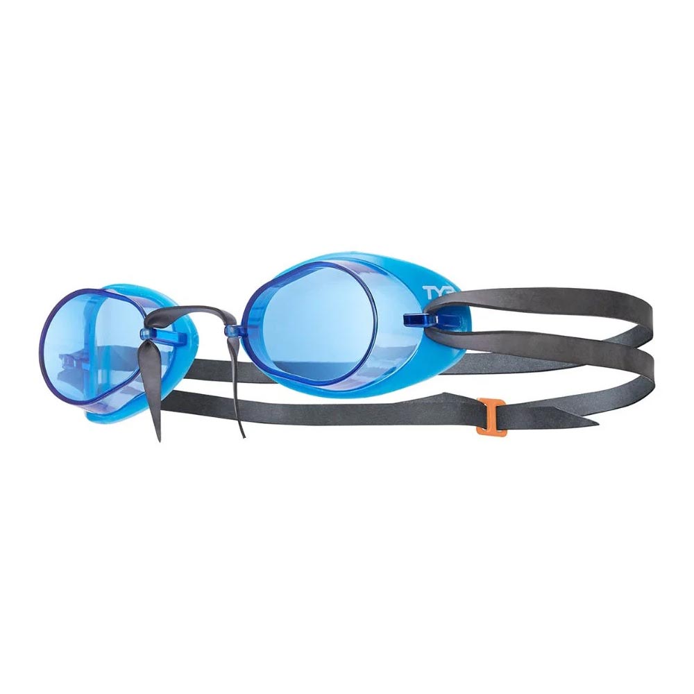 TYR Socket Rocket 2.0 swim goggles: Blue goggles with clear lenses and adjustable black strap