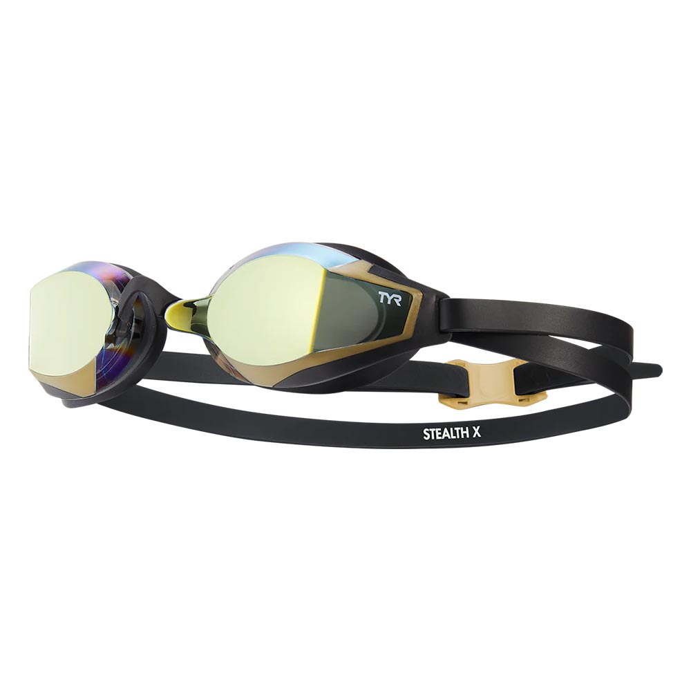 TYR Stealth-X mirrored performance swim goggles with black strap and gold lenses