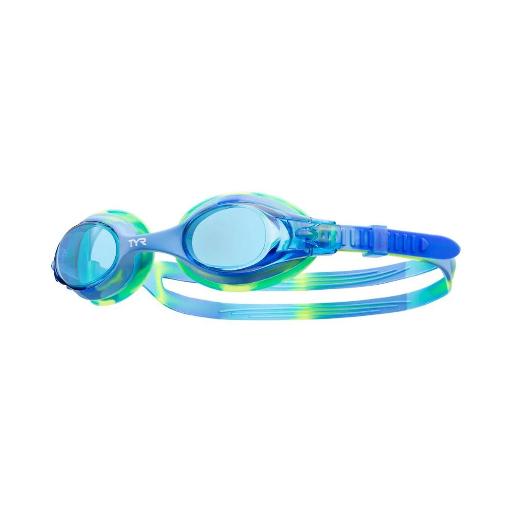 TYR Swimple Tie Dye Kids Swim Goggle: Blue and green tie-dye swimming goggles with adjustable strap for children