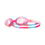 TYR Swimple Tie Dye Kids Swim Goggle: Pink, blue, and orange tie-dye swim goggles with adjustable strap