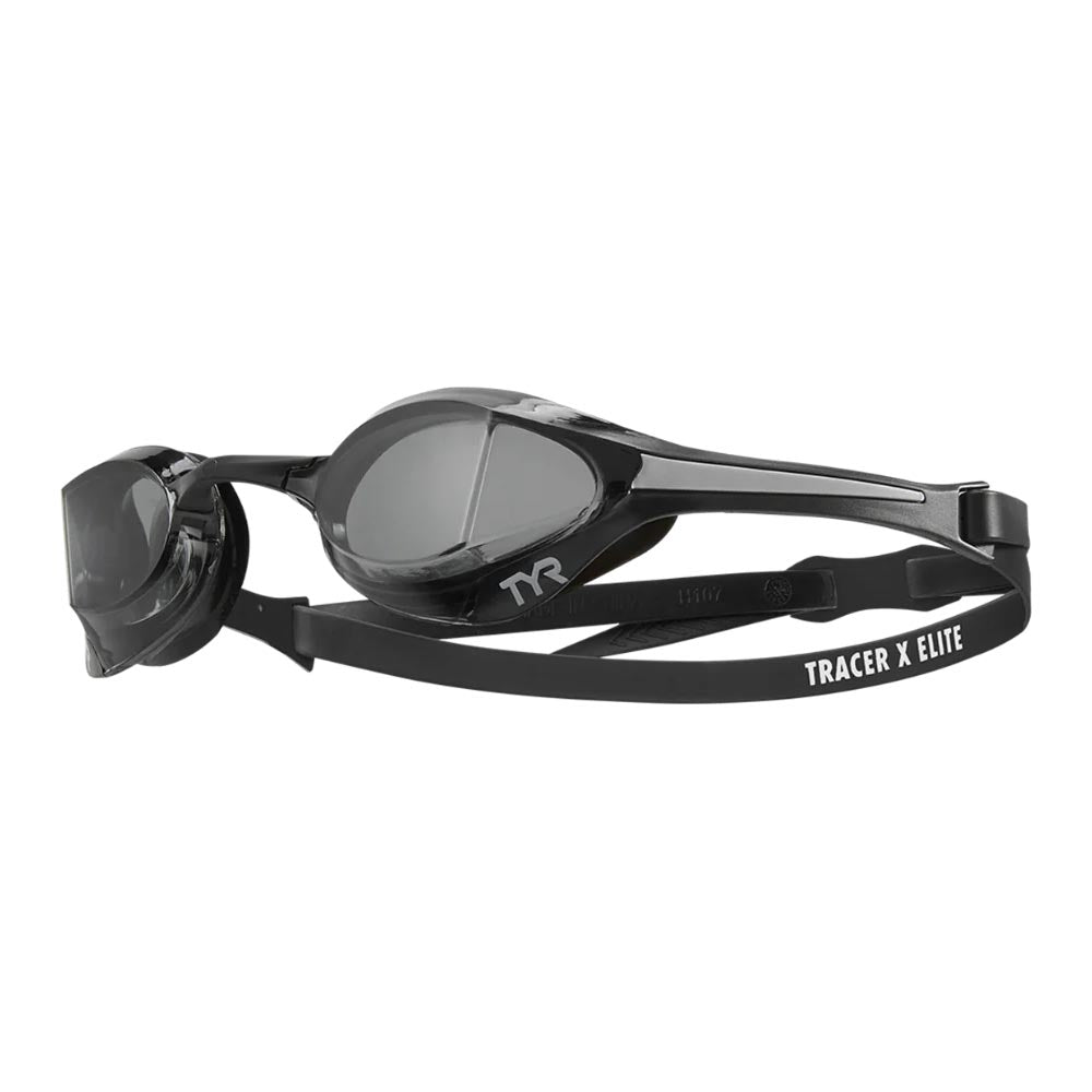 TYR Tracer-X Elite racing goggles: sleek black design with mirrored lenses and adjustable strap