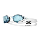 TYR Tracer-X RZR swim goggles in blue and white with a clear lens and adjustable strap.
