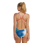 TYR Women's Bravura Cutoutfit Swimsuit with vibrant blue and green abstract print