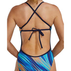 TYR Women's RipTidal Crosscutfit Tieback Swimsuit with vibrant blue and orange palm leaf print