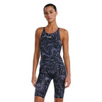 TYR Women's Thresher Open Back Swimsuit in a grey and black marble pattern