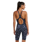 TYR Women's Thresher Open Back Swimsuit in a dark grey and purple marble pattern