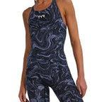 TYR Women's Thresher Open Back Swimsuit with black and grey marble print