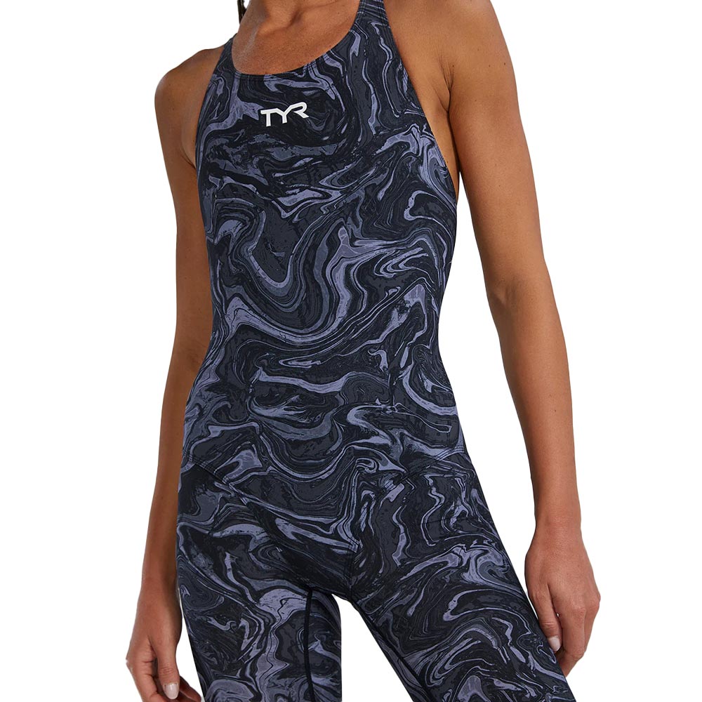 TYR Women's Thresher Open Back Swimsuit with black and grey marble print